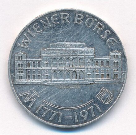 Ausztria 1971. 25Sch Ag '200 éves a Bécsi Tőzsde' T:2 patina, ph. Austria 1971. 25 Schilling Ag '200th Anniversary of the Vienna Exchange' C:XF patina, edge error Krause KM#2910