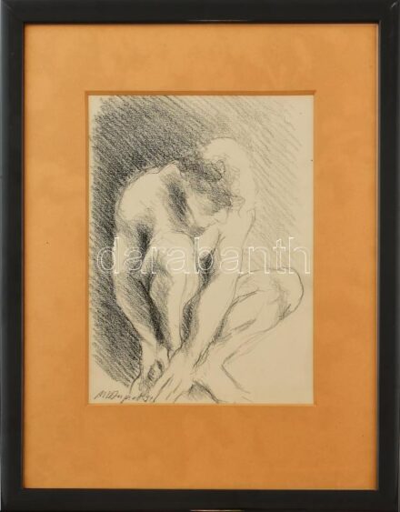 Olvashatatlan jelzéssel: Ülő alak. Ceruza, papír. Üvegezett fa keretben, 30×23 cm.