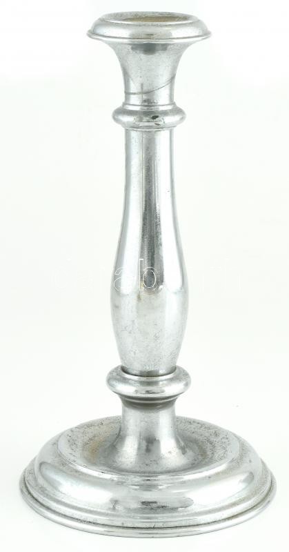 Alpakka gyertyatartó, jelzés nélkül, kopott, m: 23 cm