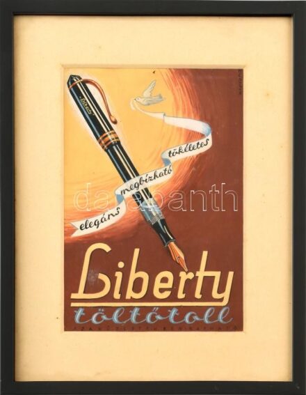 Henter János (?-): Liberty töltőtoll, reklám vagy plakát terv, 1940-50 körül. Tempera, papír. Jelzett. Üvegezett keretben. 18x12,5 cm.