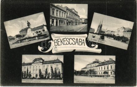 Békéscsaba, Kossuth szobor, Andrássy út, Színház, Árvay Rezső üzlete, Rudolf gimnázium, Fő tér, Gyalogsági laktanya. Balassa Jenő kiadása (Rb)