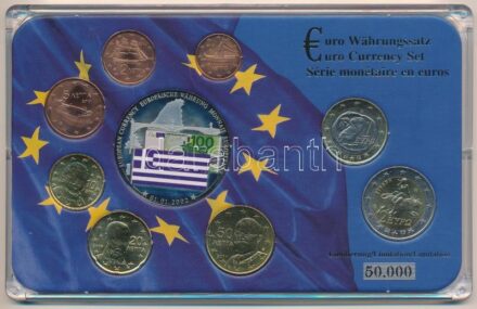 Görögország 2002-2014. 1c-2E (8xklf) forgalmi szett + Ezüstözött, részben multicolor Euro-pénzrendszer emlékérem műanyag tokban T:1,1- Greece 2002-2014. 1 Cent - 2 Euro (8xdiff) coin set + Silver plated, partially multicolor