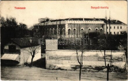 1910 Temesvár, Timisoara; Hunyadi kastély, Hess és Társa üzlete, Weismayr Ferenc, Gonda, Parisi Nagy áruház és fürdő reklámja a falon / castle, shops, advertisements on the wall (EK)