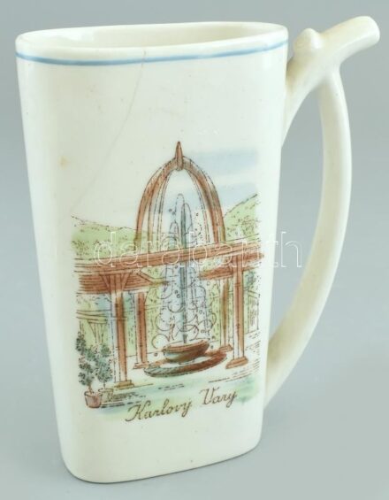 Keramo jelzett kúrapohár, Karlovy Vary felirattal, porcelán, kopott, repedt m: 14,5 cm