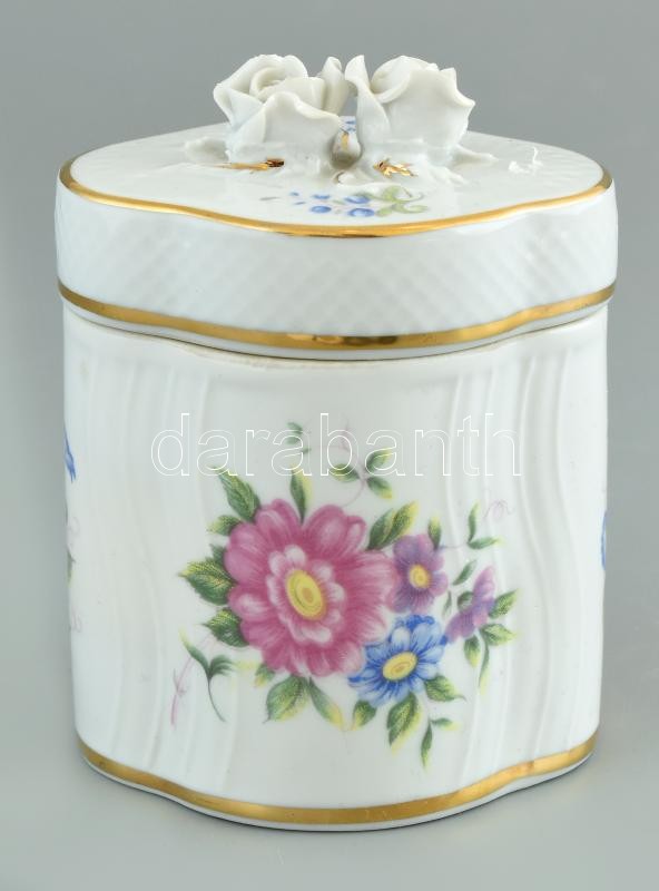 Hollóházi Alba Regia mintás teafű tartó fedeles edény, matricás porcelán, kopott, rózsákon és belső szájperemén csorbák, jelzett, m: 11,5cm