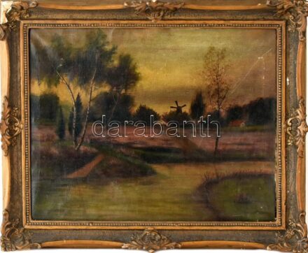 Jelzés nélkül: Távolban a malom. Olaj, vászon. KIssé sérült. Dekoratív, sérült keretben. 40x51 cm