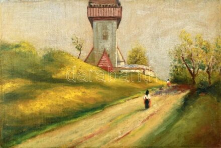 Jelzés nélkül, feltételezhetően a XX. sz. közepén működött magyar festő alkotása: Erdélyi templom. Olaj, vászon, kartonra kasírozva. 30x44,5 cm