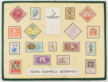Tokaj Express Budapest bélyegekből készült tabló üveg mögött. 31x39 cm