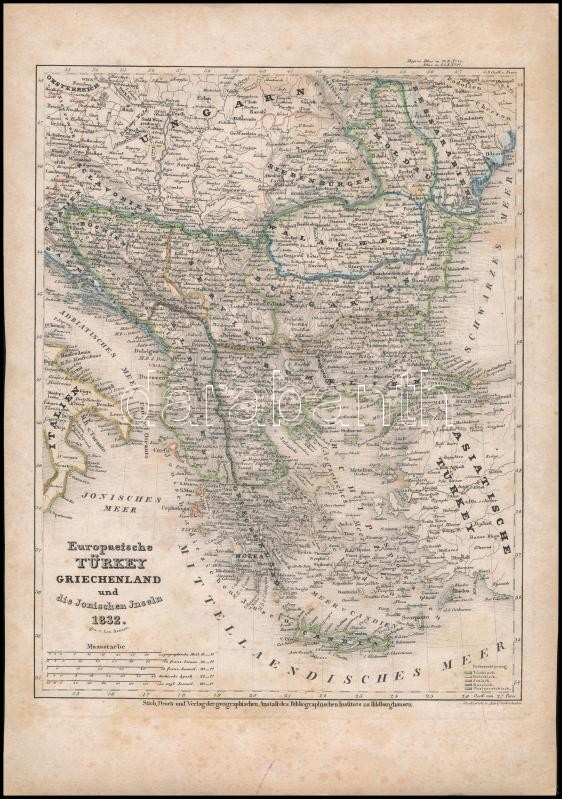 1832 Az európai Törökország, Görögország és az Ion szigetek. Színezett rézmetszetű térkép. Renner. / Map of Turkey and Greece. Colored copper plate engraving 18,5x23,5 cm