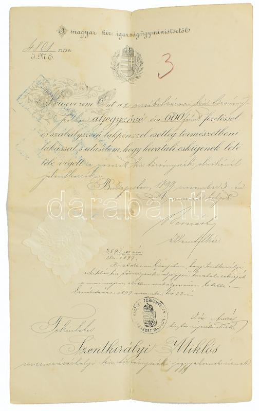1899 Aljegyzői kinevezés Bernáth Géza államtitkár aláírásával, szakadással