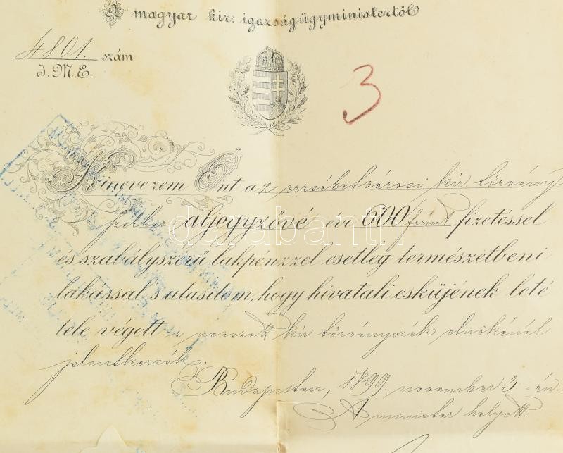 1899 Aljegyzői kinevezés Bernáth Géza államtitkár aláírásával, szakadással - Image 2