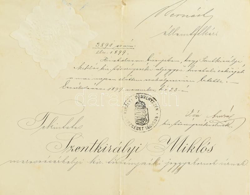 1899 Aljegyzői kinevezés Bernáth Géza államtitkár aláírásával, szakadással - Image 3