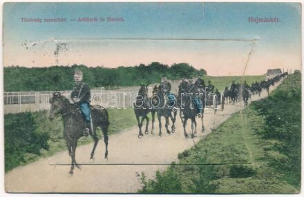 1912 Hajmáskér, Tüzérség menetben. Leporellolap 10 képpel (szakadás / tear)