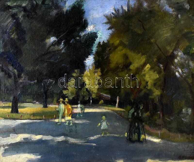 Sz. Csapó Márton (1889-?): Séta a Ligetben. Olaj, vászon. Jelzett. Fa keretben. 60×71 cm