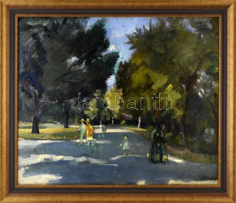 Sz. Csapó Márton (1889-?): Séta a Ligetben. Olaj, vászon. Jelzett. Fa keretben. 60×71 cm - Image 2