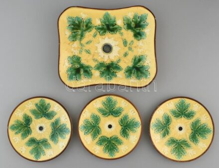 Mázas kerámia süteményes készlet, 1 db nagy tál + 3 db kicsi, lepattanásokkal, d: 20 cm, 29×25 cm