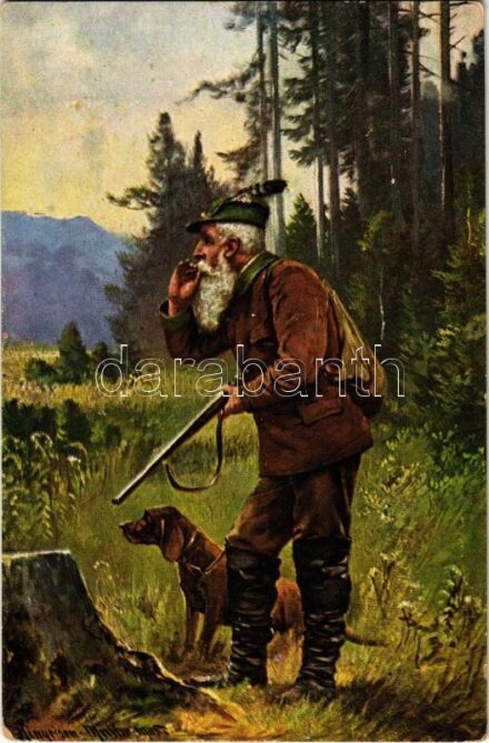 Vadász cigarettával és puskával / Hunter smoking a cigarette, gun. K.V.B. Serie 9007. s: Ringeisen-Müller (fl)