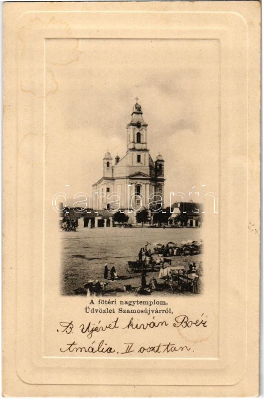 Szamosújvár, Gherla; Főtér, nagytemplom, piac, üzletek. Todorán Endre kiadása / main square, church, market, shops (fl)