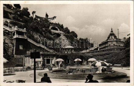 1937 Budapest I. Szent Gellért szobor, Gellérthegyi feljárat, Hungária és Attila gyógyforrások a Döbrentei térnél, Gellért Udvar