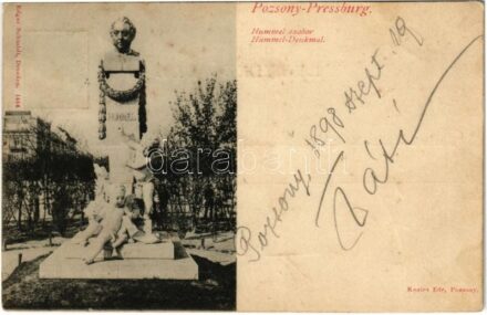 1898 Pozsony, Pressburg, Bratislava; Hummel szobor, Kozics Ede üzlete és saját kiadása / Hummel-Denkmal / monument, publisher's shop (fl)