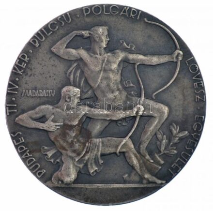 Madarassy Walter (1909-1994) 1941. 'Budapest IV. Kerületi Bulcsu Polgári Lövész Egyesület / Bajnokság' peremen jelzett Ag emlékérem (26,97g/0.987/40mm) T:2 patina, hátlapon felületi karc