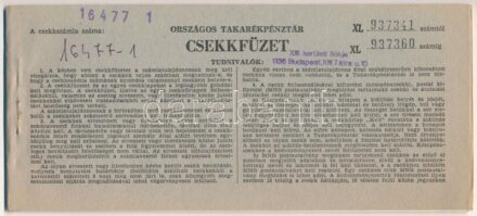 Budapest 'Országos Takarékpénztár' csekkfüzet 20db kitöltetlen csekkel, 'XIII. kerületi fiókja 1136 Budapest, Tátra u. 10.' bélyegzéssel T:I