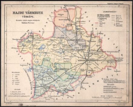 cca 1940 Hajdu vármegye térképe. Átdolg.: Tallián Ferenc. Kogutowicz: Megyei térképek. 1 : 400.000. Magyar Földrajzi Intézet Rt., karton, kissé foltos, 28x22,5 cm