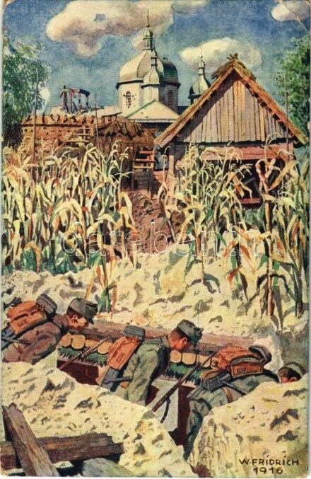 1917 Laufgraben durch die Ortschaft, Boldurkastellung. August 1916. K.u.K. Infanterie-Regiment Hoch- u. Deutschmeister Nr. 4./ WWI Austro-Hungarian K.u.K. military art postcard, trenches s: W. Frídrich (EK)