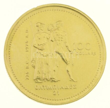 Kanada 1976. 100$ Au 'Montreali olimpia' (13,31g/0,583) T:2 (P) durva ph. Canada 1976. 100 Dollars AU 'Montreal Olympic Games' (13,31g/0.583) C:XF (P) strong edge error Krause KM# 115