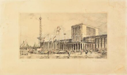 Olvashatatlan jelzéssel: Berlin, Funkturm. Színezett rézkarc, papír. Foltos. 22x42 cm