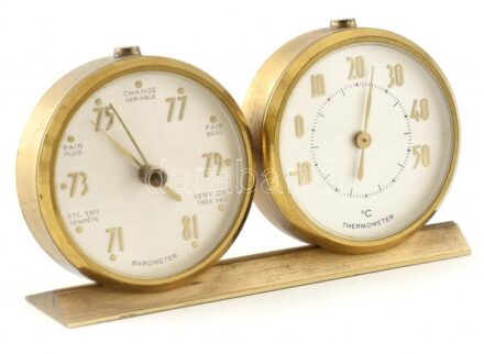 Réz barométer-thermométer, kopott. m: 7 cm