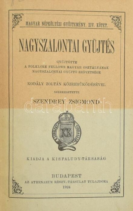 Nagyszalontai gyűjtés. Gyűjtötte a Magyar Folklore Fellows Magyar Osztályának Nagyszalontai Gyüjtő Szövetsége Kodály Zoltán közreműködésével. Szerk.: Szendrey Zsigmond. Magyar Népköltési Gyűjtemény XIV. köt. Kiadja: Kisfaludy