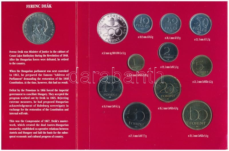 1994. 10f-200Ft (11xklf) forgalmi sor dísztokban, közte 1994. 200Ft Ag 'Deák', 'Magyarország pénzérméi' sorozat. A tokon a ragasztás részben elengedett. T:BU kis patina Adamo FO27.2 - Image 2