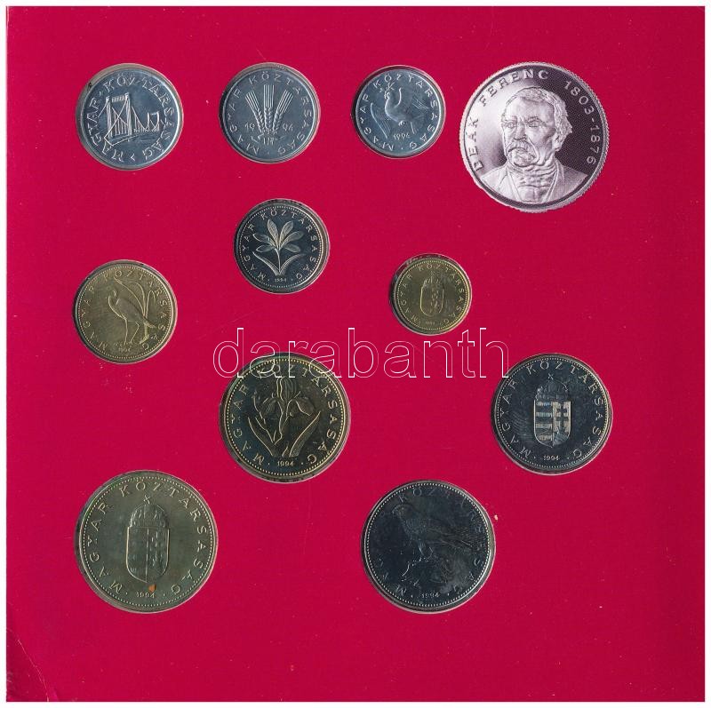 1994. 10f-200Ft (11xklf) forgalmi sor dísztokban, közte 1994. 200Ft Ag 'Deák', 'Magyarország pénzérméi' sorozat. A tokon a ragasztás részben elengedett. T:BU kis patina Adamo FO27.2 - Image 4
