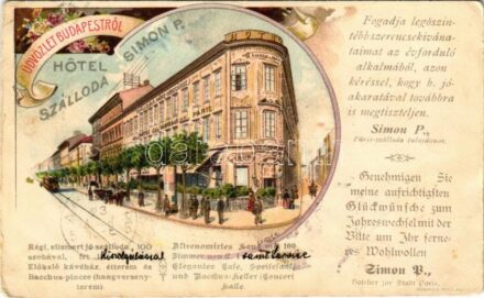 ~1899 (Vorläufer) Budapest VI. Simon P. Szálloda Páris Városához, Hotel Paris, Bachus Pince. Pless Ignácz Art Nouveau, floral, litho (Bajcsy-Zsilinszky út 25.) (EB)