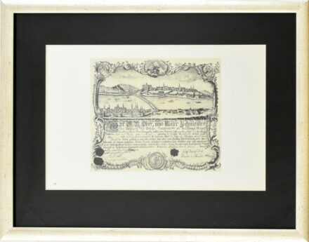 cca 2000 Pest és Buda látképe 1797-ben. Régi metszet után készült modern nyomat, papír. Üvegezett, dekoratív fa keretben. 26×39 cm