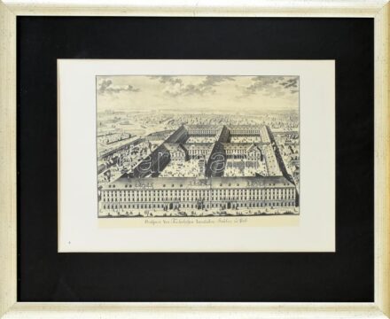 cca 2000 Pesti császári invalidus ház látképe (A budapesti központi városháza, volt invalidus-ház, majd Károlyi-kaszárnya). Martinelli és Kleiner 1739-ben készült metszete után készült modern nyomat, papír. Üvegezett, dekoratív