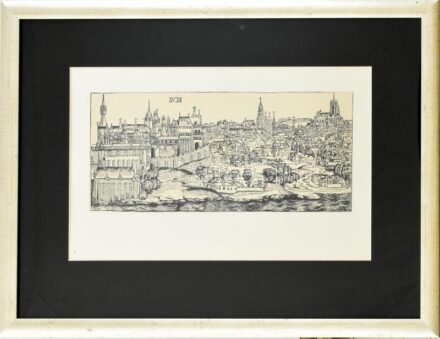 cca 2000 Buda látképe (Schedel Világkrónikája után). Régi metszet után készült modern nyomat, papír. Üvegezett, dekoratív fa keretben. 26×39 cm