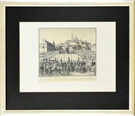cca 2000 I. Ferenc magyar király koronázása és eskütétele Budán, 1792-ben. Régi metszet után készült modern nyomat, papír. Üvegezett, dekoratív fa keretben. 26×39 cm