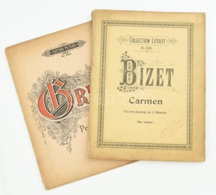 Georges Bizet: Carmen. Collection Litolff No. 2381. Braunschweig, én., Henry Litloff's Verlag. Bizet Carmen c. operájának kottája, német nyelven. Kiadói papírkötés, sérült gerinccel. + Edward Grieg: Peer Gynt - Suite I. Opus 46. Ed.