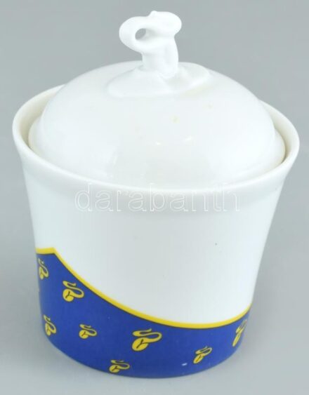 Hollóházi porcelán Eduscho cukortartó doboz, matricás, jelzett, kis kopásnyomokkal, m: 10 cm