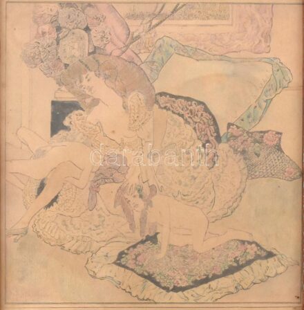 Franz von Bayros (1866-1924): Erotikus jelenet. Heliogravűr, kézzel színezett, papír, jelzés nélkül, üvegezett fa keretben. 21,5x20 cm