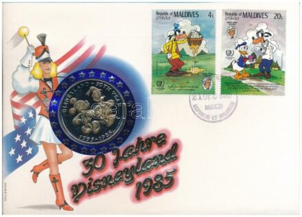 Maldív-szigetek 1985. 'Disneyland 30. évfordulója' fém emlékérem felbélyegzett borítékon, alkalmi bélyegzéssel, német nyelvű leírással T:1- Maldives 1985. '30th anniversary of the Disneyland' metal medallion in envelope with stamp,