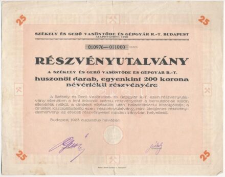 Budapest 1923. 'Székely és Gerő Vasöntőde és Gépgyár R.-T. Budapest' részvényutalványa huszonöt darab, egyenként 200K névértékű részvényről (2x) sorszámkövetők T:III egyiken nagyobb papírhiány