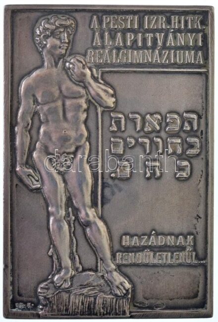 1926. 'A Pesti Izraelita Hitközség Alapítványi Reálgimnáziuma - Hazádnak rendületlenül... / A gimnázium legelső vívótanfolyamának emlékére 1925/26.' kétoldalas, jelzett Ag vívó sport emlékplakett (55,68g/0.800/60x40mm) T:1-,2