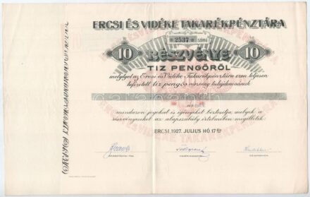 Ercsi 1927. 'Ercsi és Vidéke Takarékpénztára' névre szóló részvénye 10P-ről, szárazpecséttel, szelvényekkel T:III