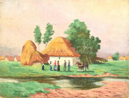 Bereczk (?) jelzéssel: Élet a tanyán. Olaj, vászon, kartonra kasírozva. 29x39 cm.