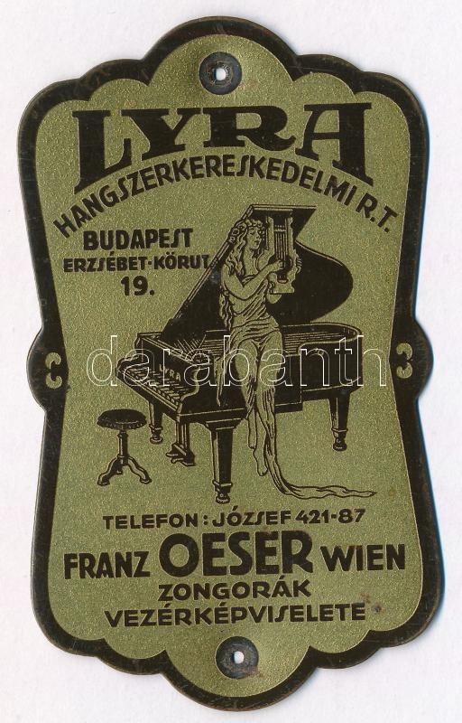 Lyra Hangszerkereskedelmi Rt. Budapest fém embléma, 8×5 cm