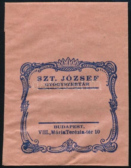 Szent József Gyógyszertár Budapest VIII. receptboríték