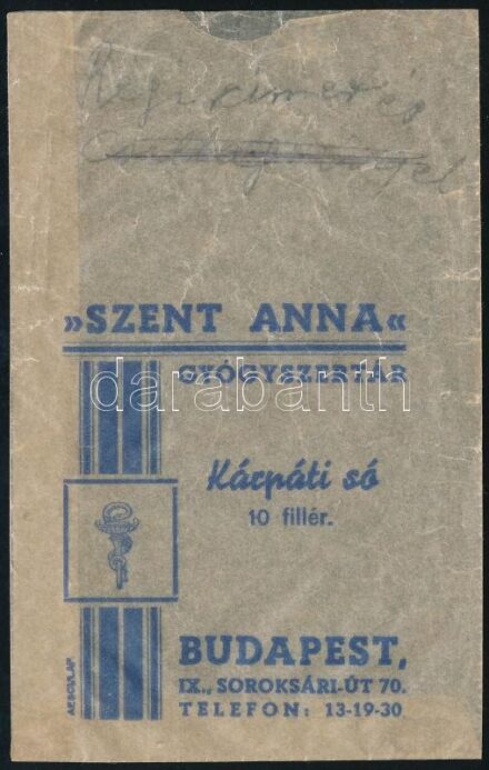 Szent Anna Gyógyszertár Budapest IX. receptboríték